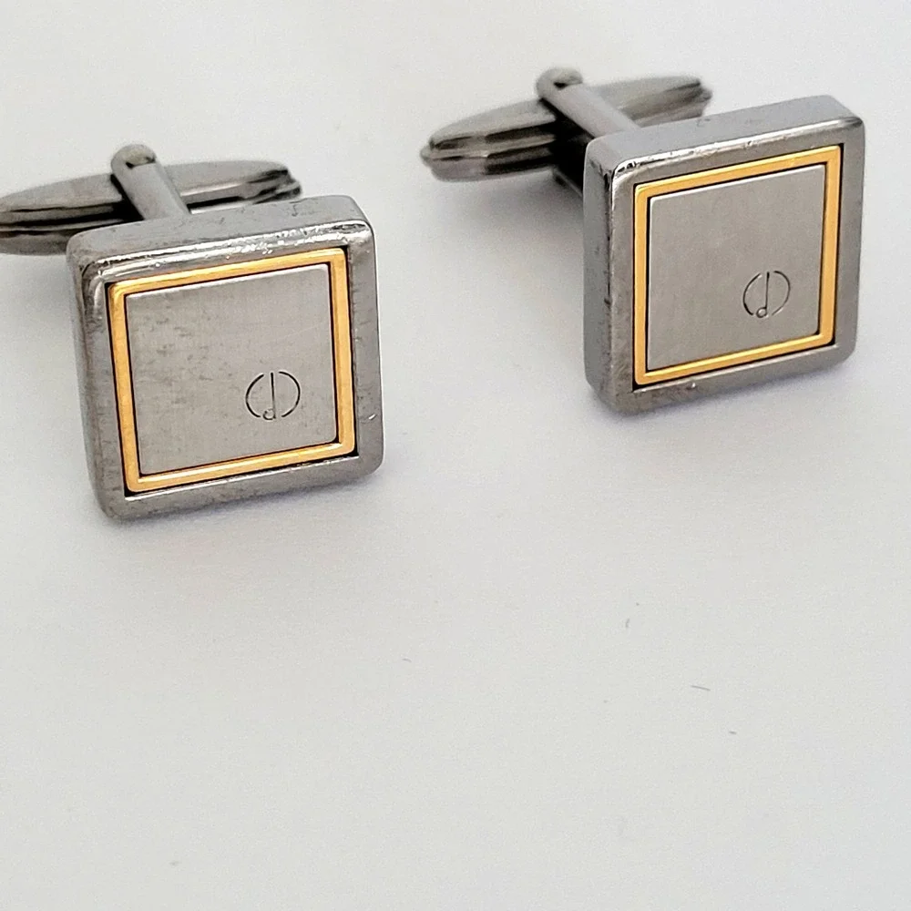 Dunhill Mens Vintage Two Tone Square Logo Cufflinks Silver Gold Tone AD Mark